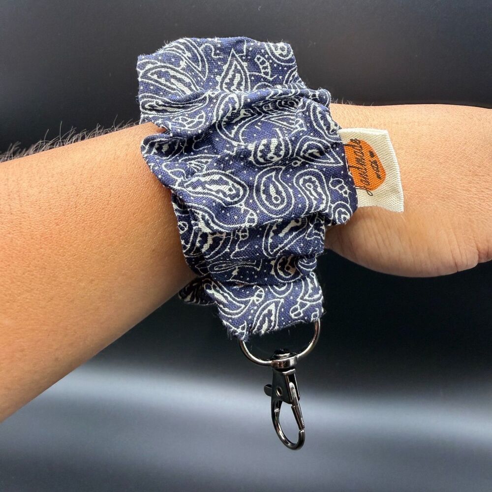 Handmade One Size Scrunchie Key Fob Wristlet Navy Paisley Cotton Keychain